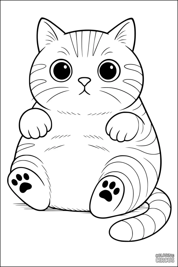 Coloring page featuring a cute, round cartoon cat with big eyes and stripes