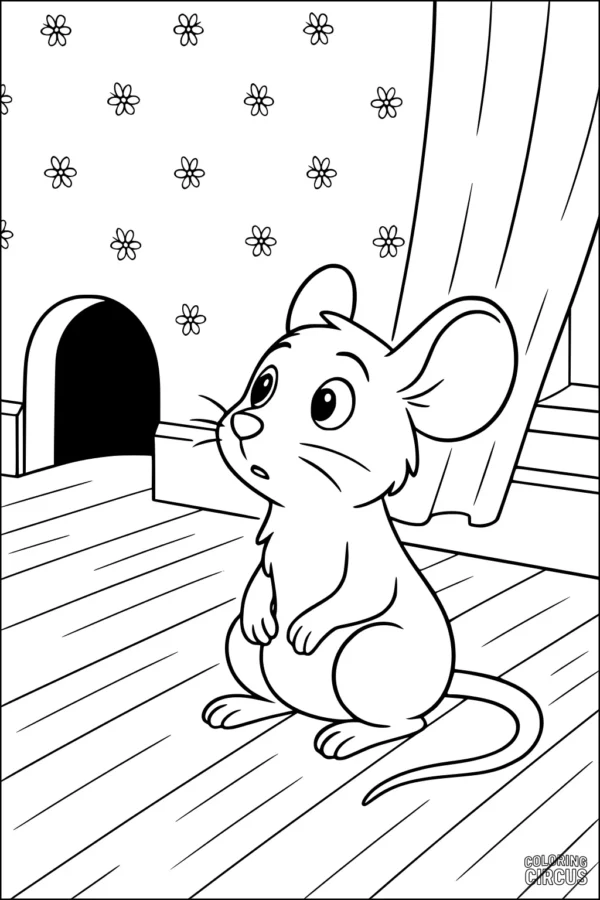 Coloring page of a cute mouse sitting on a wooden floor by a mouse hole with flower wallpaper and a curtain.