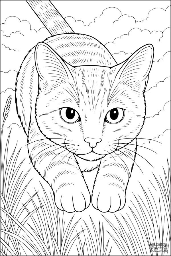 Coloring page showing a realistic domestic cat crouching in tall grass
