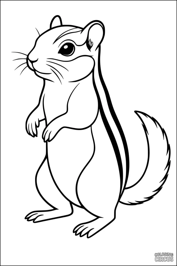 Coloring page showing a cartoon chipmunk standing upright with large eyes and bushy tail