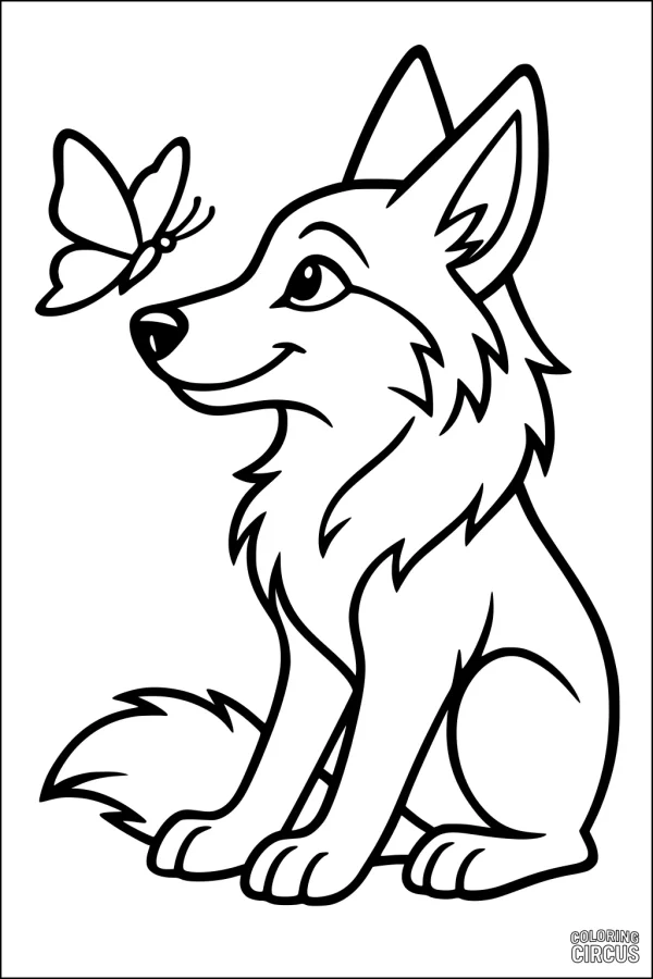 Coloring page showing a cute coyote sitting and looking at a butterfly