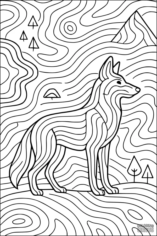 Coloring page features a coyote standing on hills with swirling patterns, trees, and mountains in the background.