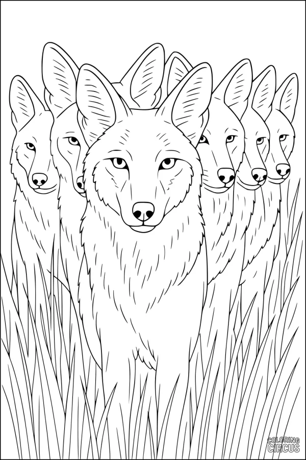 Coloring page showing a group of coyotes standing in tall grass with alert ears and focused expressions