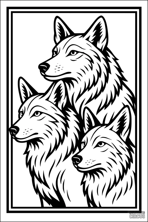 Coloring page featuring three detailed coyote heads framed together