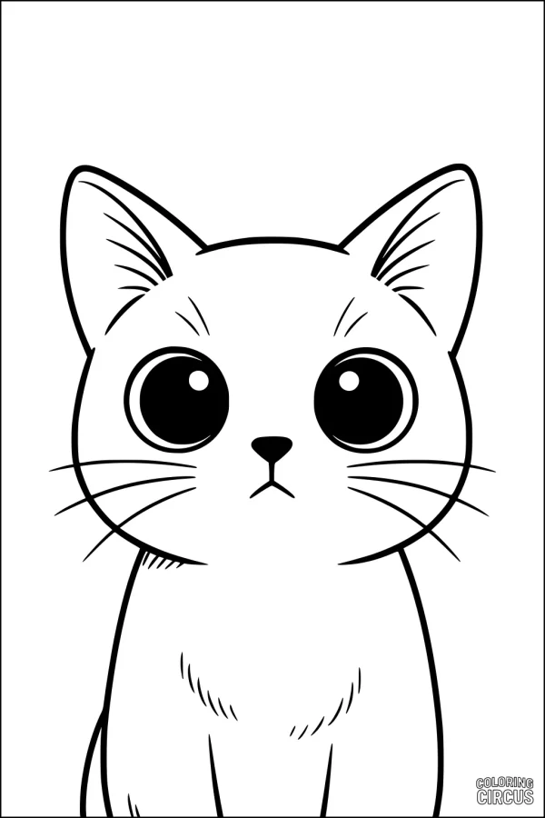 Coloring page featuring a wide-eyed cartoon domestic cat sitting upright, perfect for young children