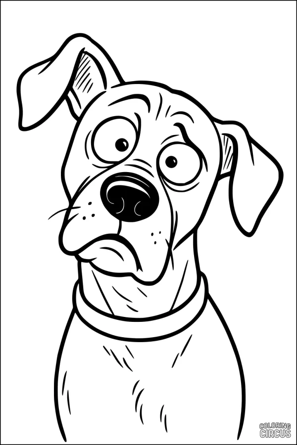 Coloring page of a cartoon dog with curious tilted head and big eyes