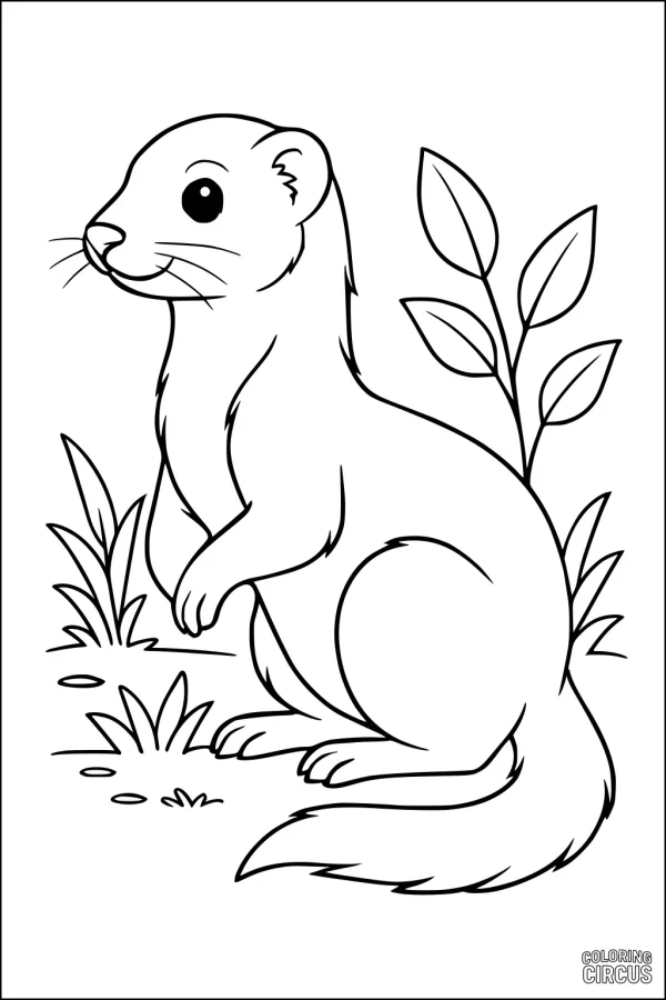 Coloring page featuring a cute ferret standing among simple garden plants