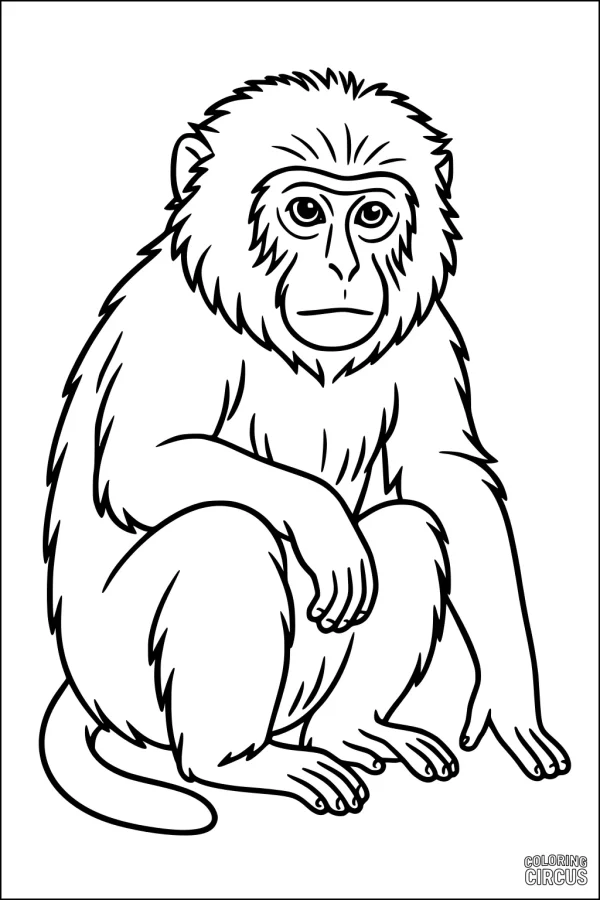 Coloring page of a sitting monkey with detailed fur
