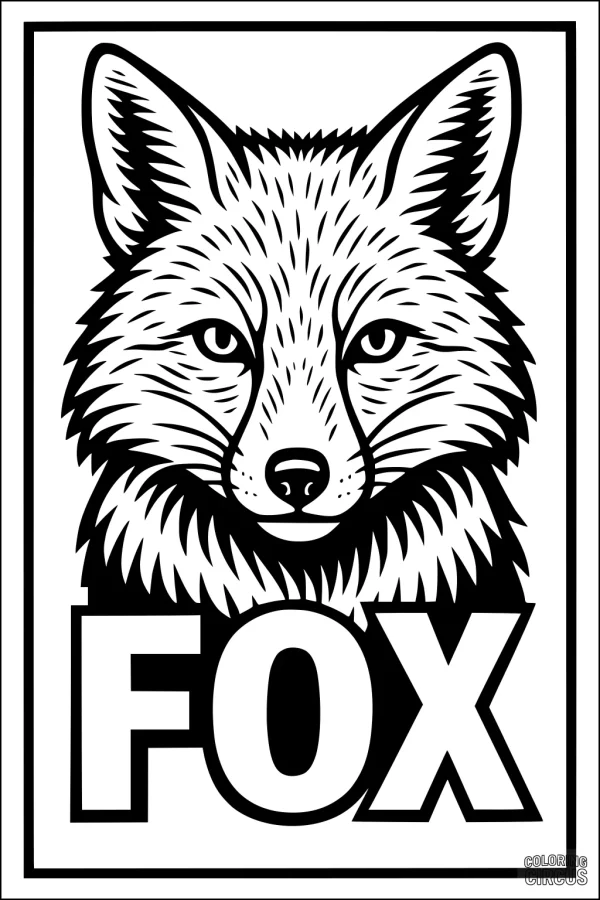 Coloring page of a fox face with bold lines and the word fox