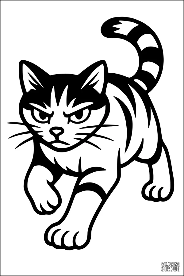 Coloring page of a determined cat walking forward with striped tail and intense eyes