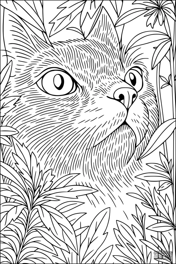 Coloring page showing a domestic cat surrounded by garden plants and leaves