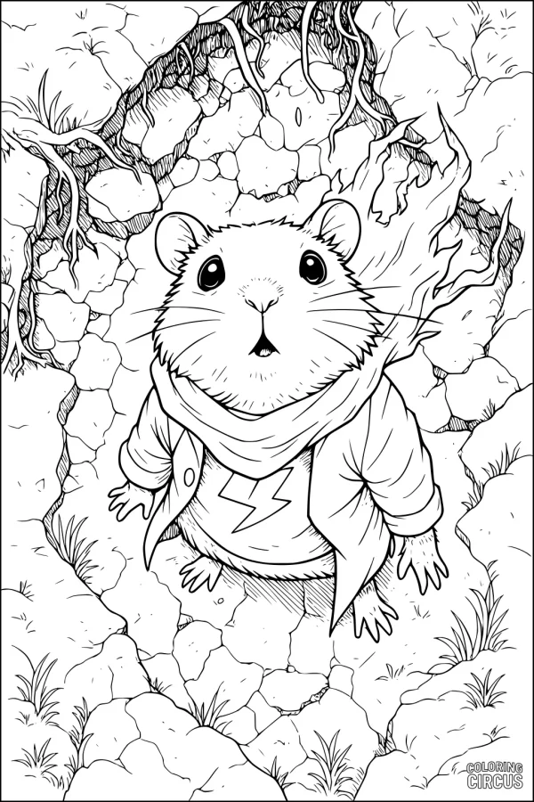 Coloring page featuring a hamster wearing a scarf and jacket standing in a tunnel with rocks and roots overhead.