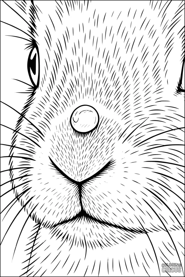 Coloring page close-up of a hare's face with detailed whiskers and fur texture.