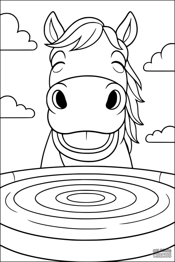 Coloring page of a cute horse looking at a pond with clouds in the sky