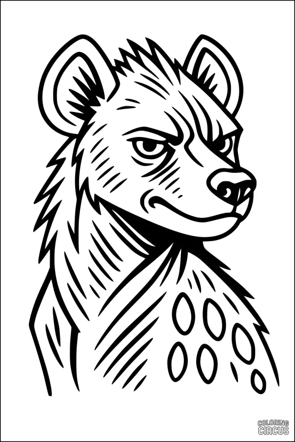 Coloring page featuring a friendly cartoon hyena with spots, drawn in a bold and simple style for children
