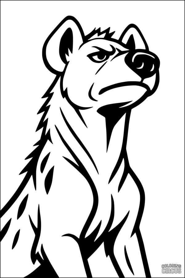 Coloring page of a cartoon-style hyena sitting alertly with expressive features, suitable for children