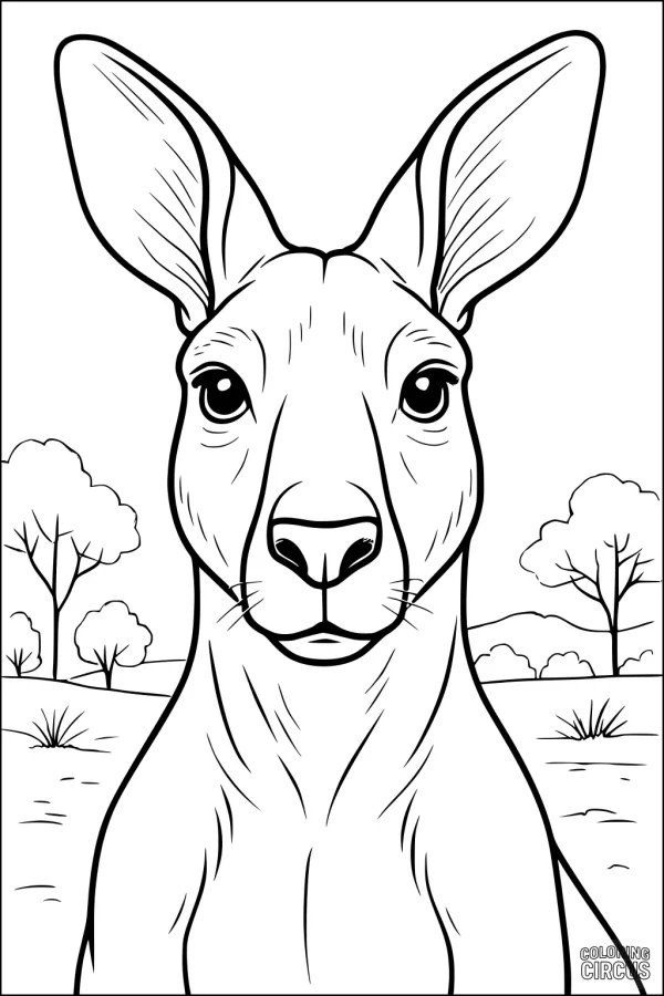 Coloring page featuring a friendly kangaroo with large ears and a quiet outback landscape in the background