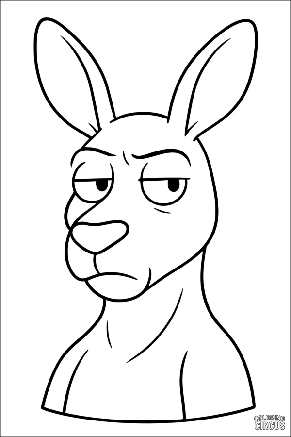 Coloring page features a cartoon kangaroo with a curious facial expression, large ears, and simple outlines