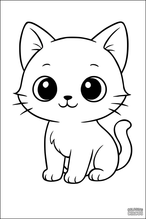 Coloring page featuring a cute cartoon kitten with big eyes and light stripes, sitting and looking forward.