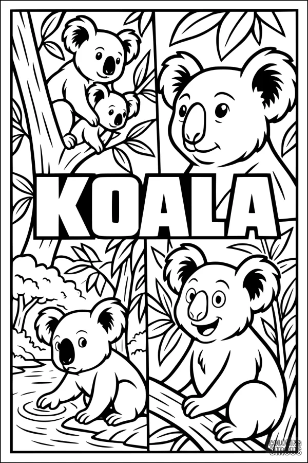 Coloring page with four cute koalas in different forest scenes, surrounded by leaves and trees