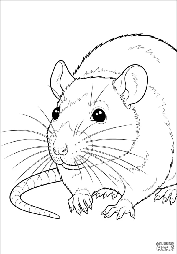 Coloring page showing a detailed, friendly rat with big eyes and long whiskers