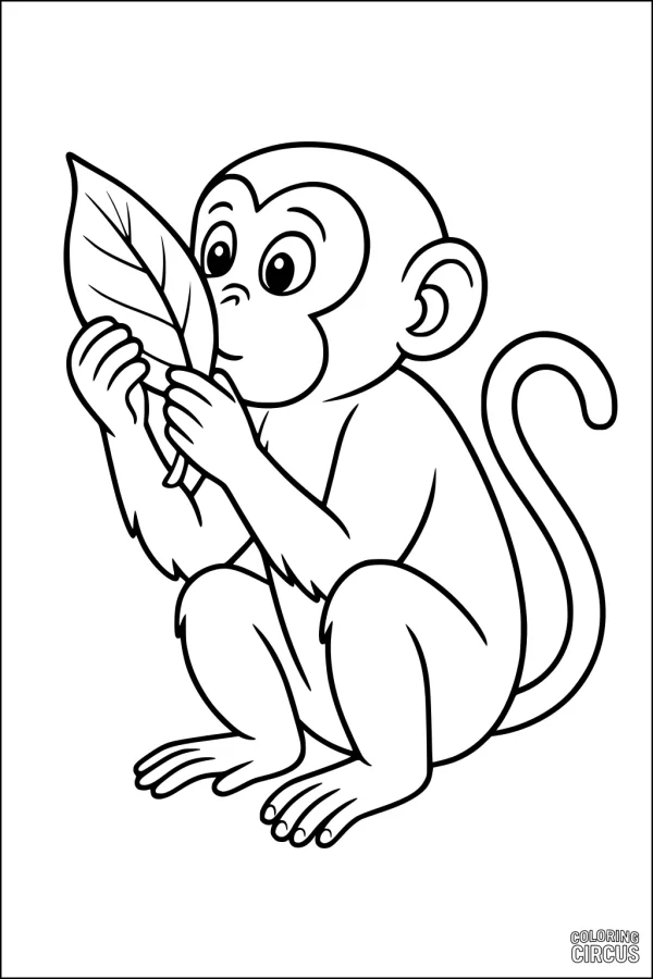 Coloring page showing a cute monkey looking at a leaf