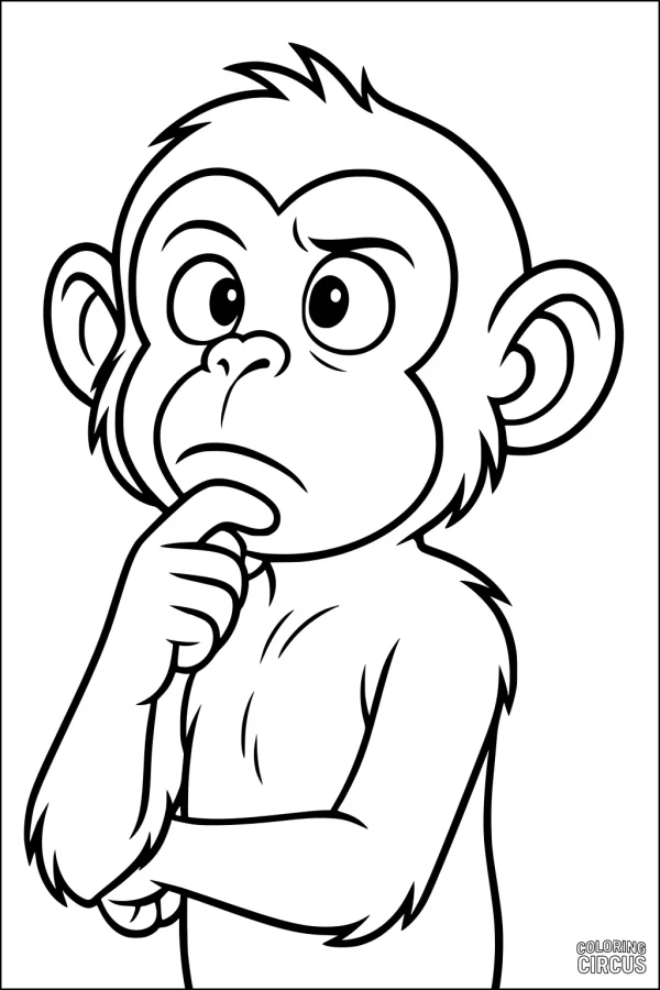 Coloring page featuring a thoughtful cartoon monkey with a curious expression