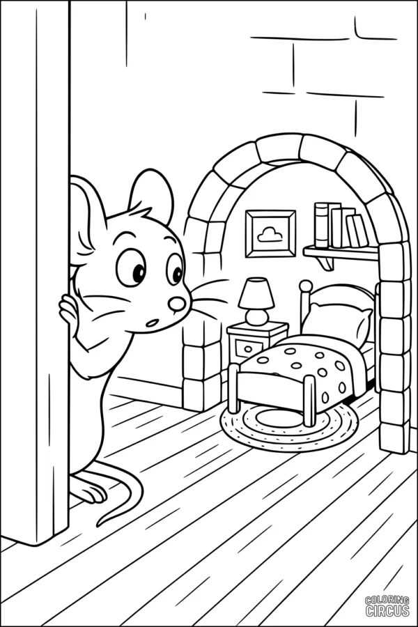 Coloring page featuring a cute mouse peeking into a small cozy mouse bedroom with furniture and books
