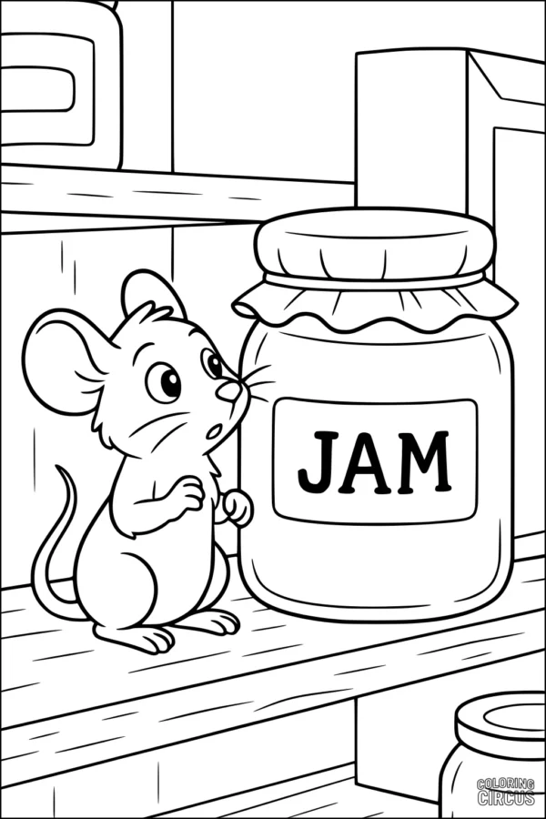Coloring page of a mouse looking at a large jam jar in a pantry