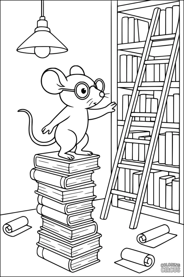 Coloring page of a mouse with glasses standing on a stack of books in a cozy library