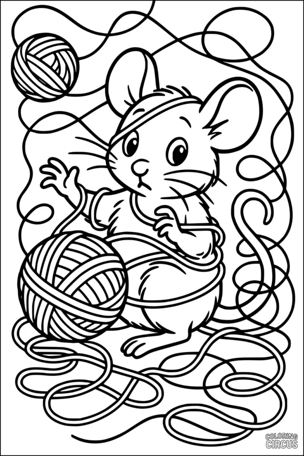 Coloring page featuring a cute mouse entangled in playful yarn balls with swirling strings