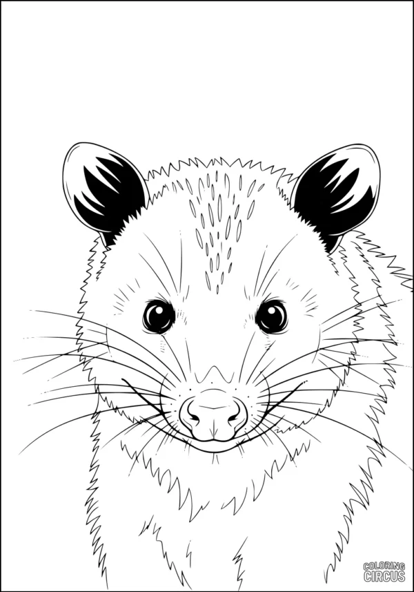 Coloring page close-up of a cute opossum with detailed fur and expressive eyes