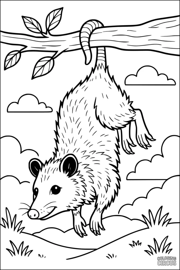 Coloring page showing a cartoon opossum hanging from a tree branch in a grassy outdoor scene