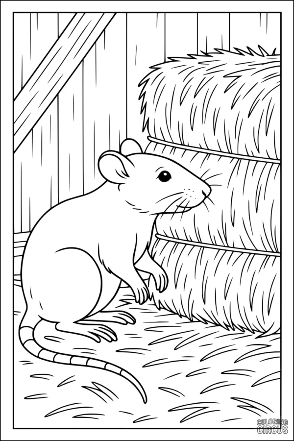 Coloring page featuring a cartoon rat next to hay inside a barn, suitable for kids