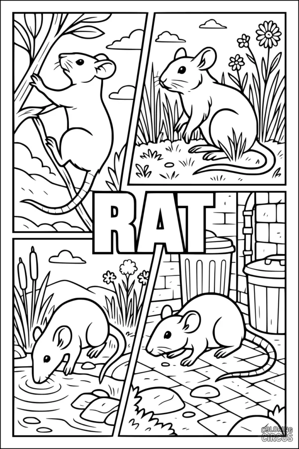 Coloring page with four cartoon rats in various outdoor and city scenes