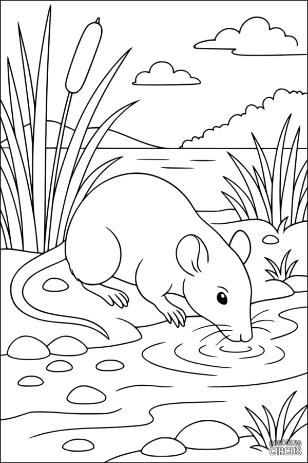 Coloring page featuring a cute rat drinking water at a stream surrounded by grass, rocks, and a peaceful landscape