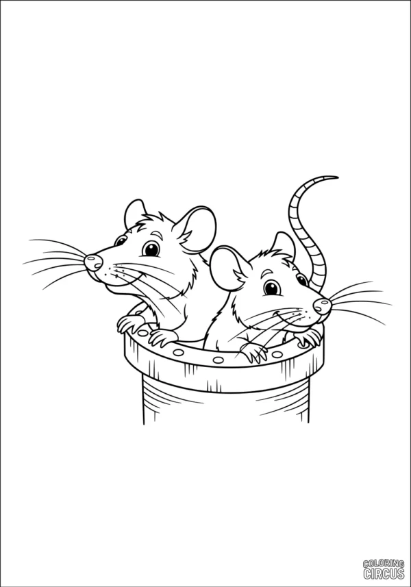 Coloring page with two cartoon rats peeking out of a round pipe, designed for children.