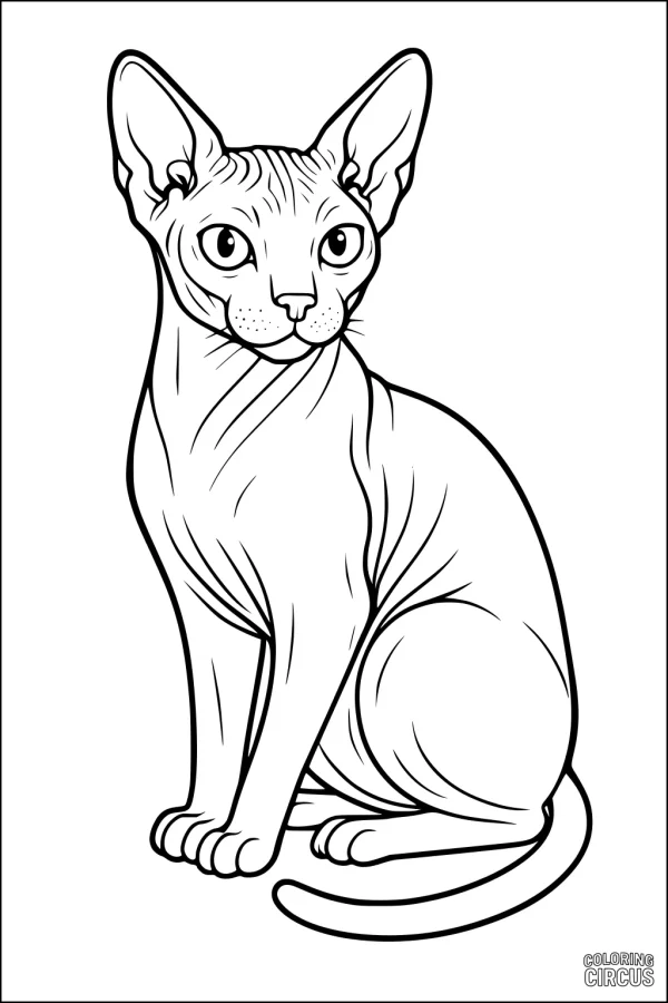 Coloring page of a sphynx cat sitting upright with large ears and expressive eyes