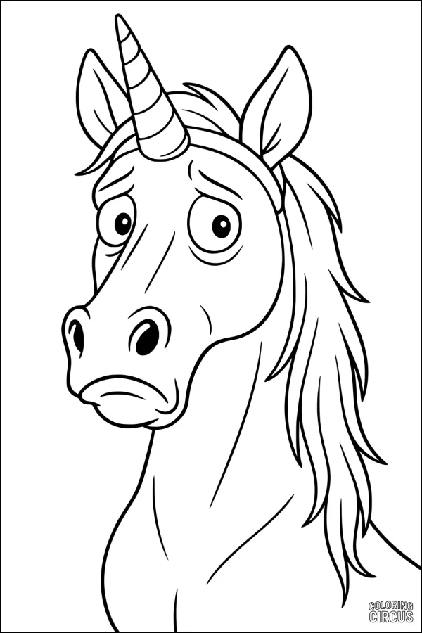 Coloring page of a cartoon unicorn with a surprised face and shaggy mane