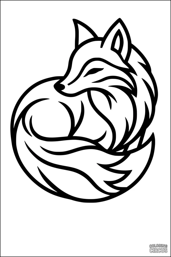 Coloring page featuring a curled-up fox with fluffy tail and simple woodland-inspired design