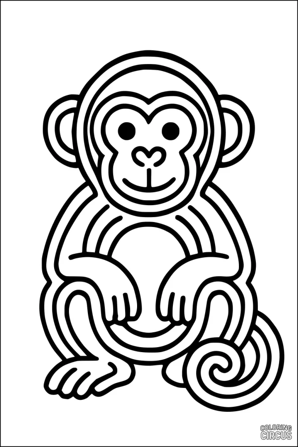 Coloring page showing a cartoon monkey with a smiling face and curly tail