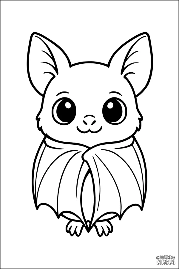 Coloring page of a kawaii cartoon bat with big eyes and wrapped wings, perfect for young children and bat-themed activities.
