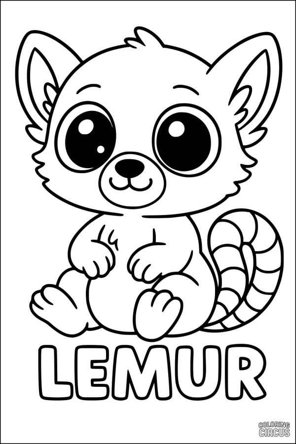 Coloring page showing a cartoon baby lemur with large eyes and a striped tail, sitting happily