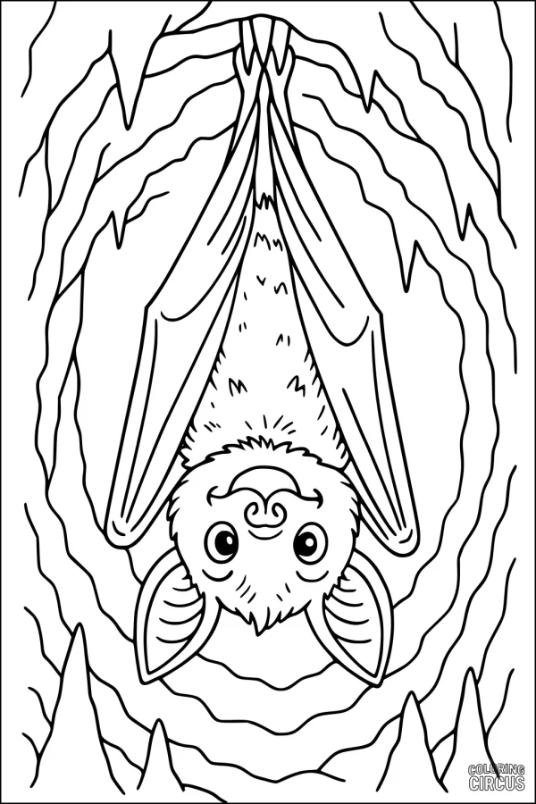 Coloring page showing a smiling bat hanging upside-down in a cartoon cave
