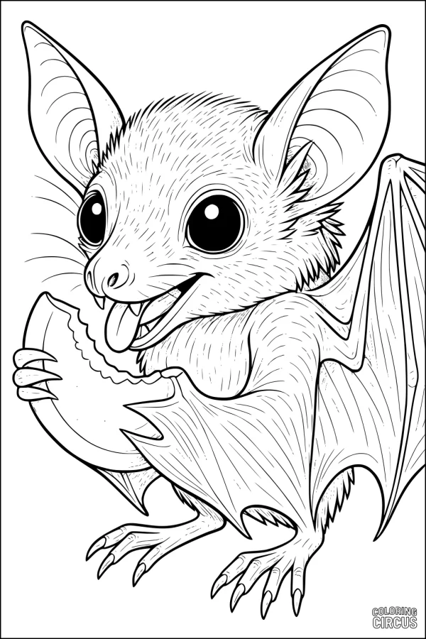 Coloring page showing a cheerful cartoon bat eating melon