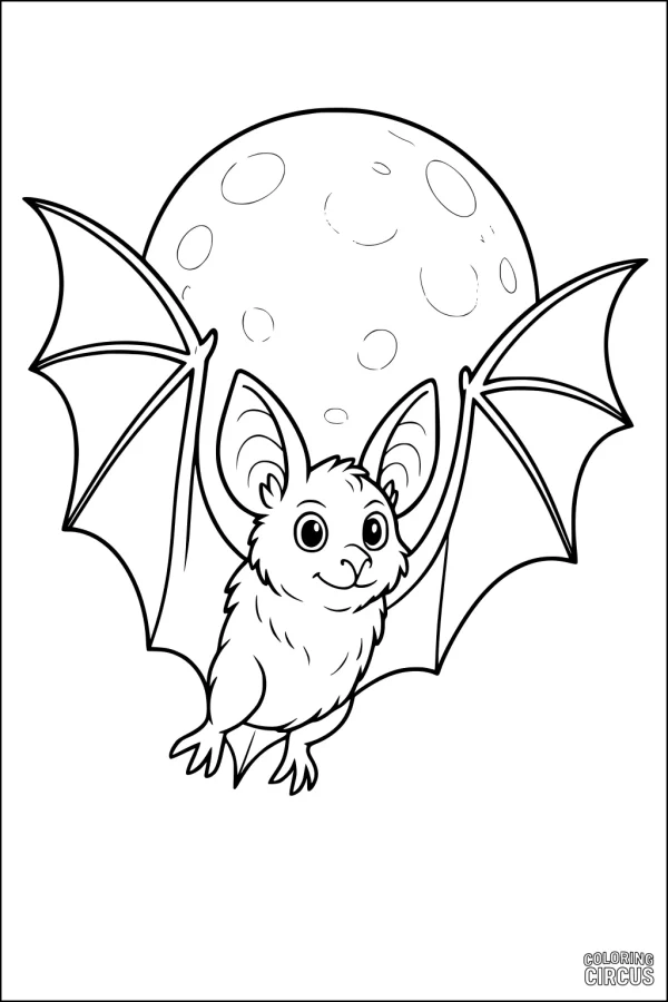 Coloring page of a cute bat flying in front of a full moon