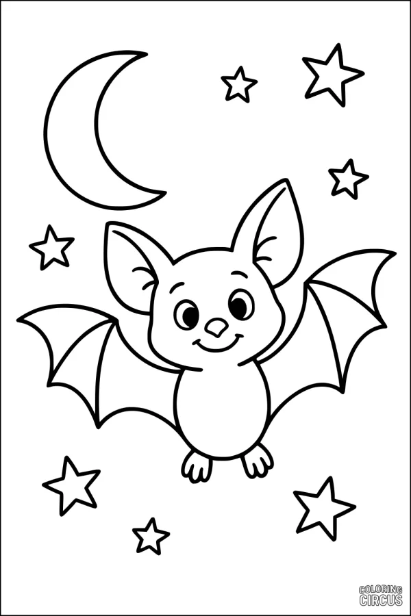 Coloring page featuring a smiling cartoon bat flying with a crescent moon and stars