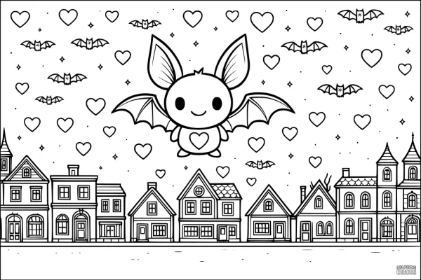 Coloring page with a cute cartoon bat with heart motifs flying above town houses and surrounded by hearts and stars