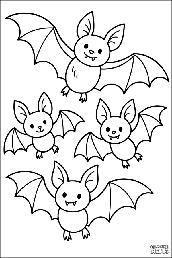 Coloring page featuring four cute cartoon bats with big wings and friendly faces