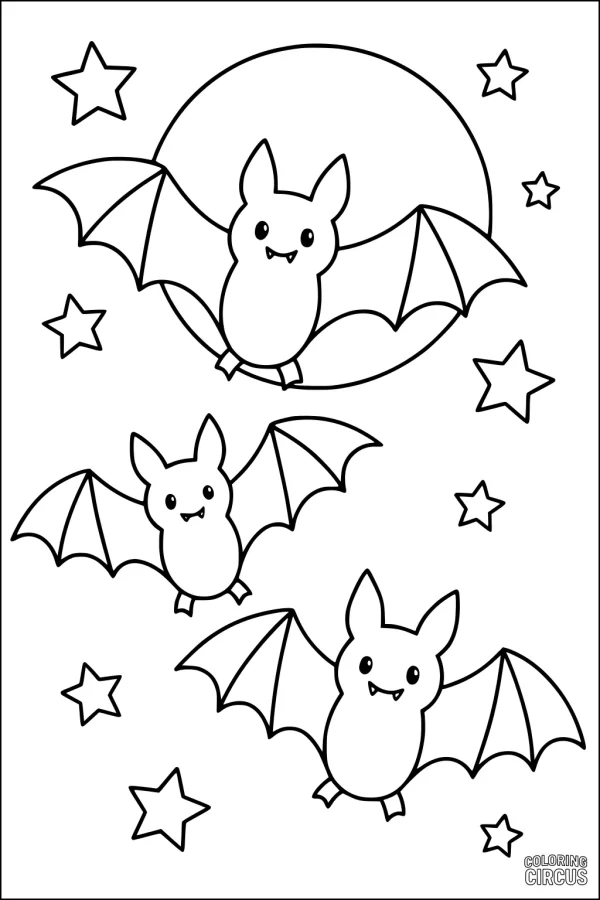 Coloring page with three cartoon bats flying under the moon surrounded by stars